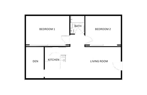 A floor plan of a small apartment with two bedrooms, a living room, a kitchen, and a den.